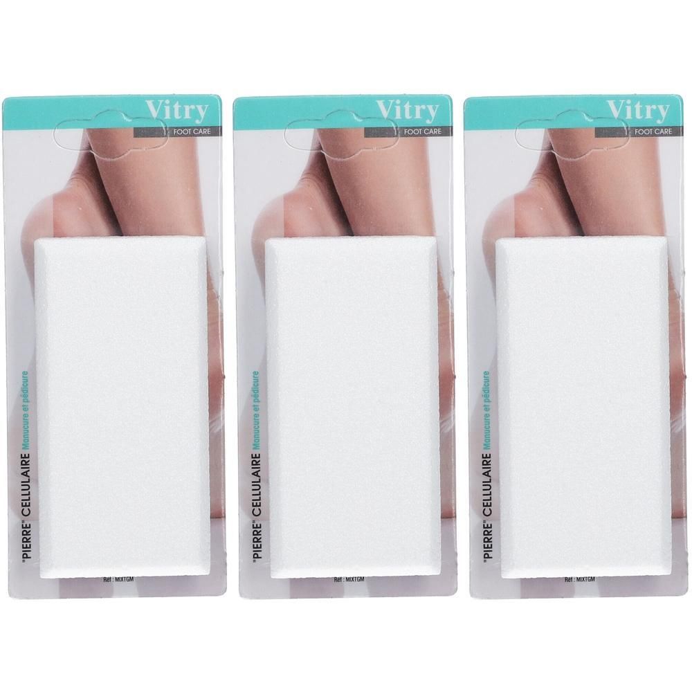Trois produits Vitry Pierre Cellulaire pour les pieds, présentés en emballages individuels.