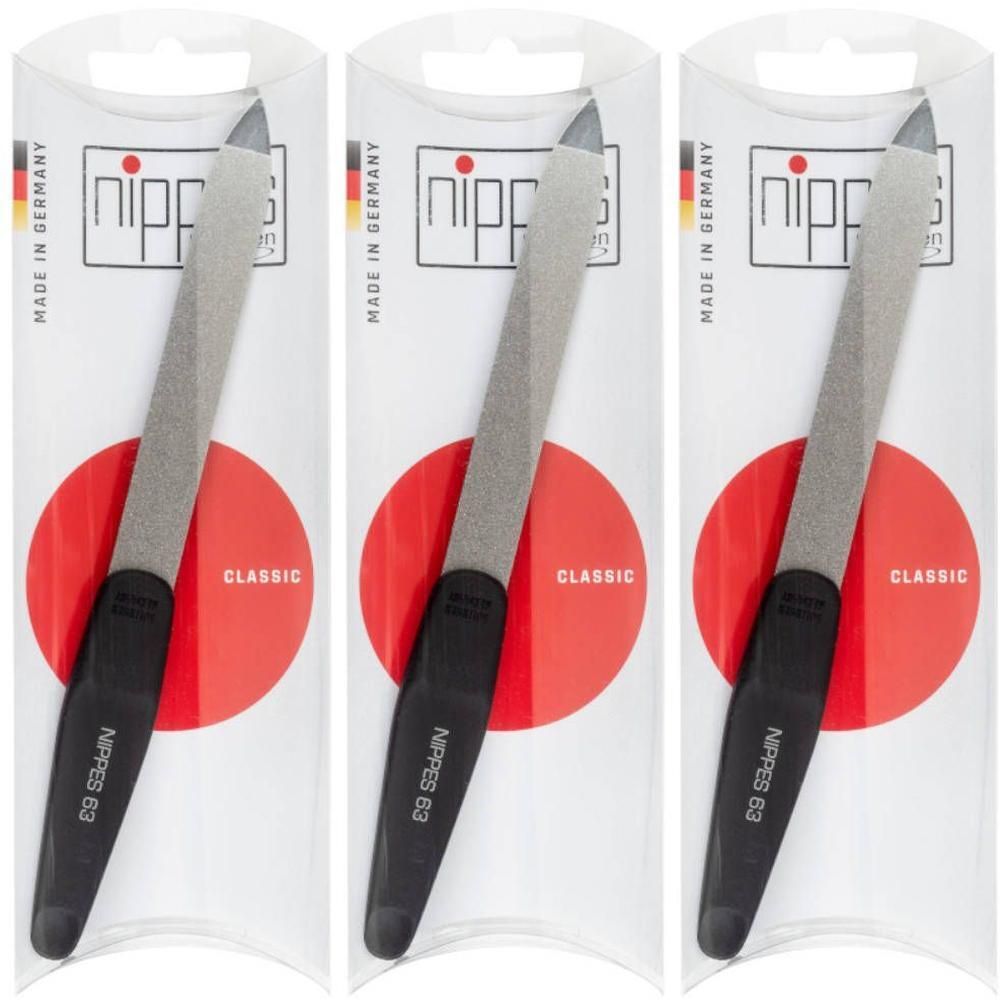 Trois limes à ongles Nippes Classic 63 avec manche noir et lime en métal, Made in Germany.