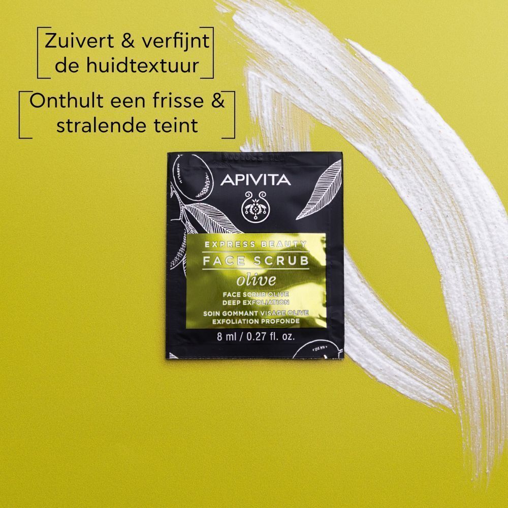 Zakje Apivita Express Beauty Gezichtsscrub met Olijf. Zuivert en verfijnt de huidtextuur.