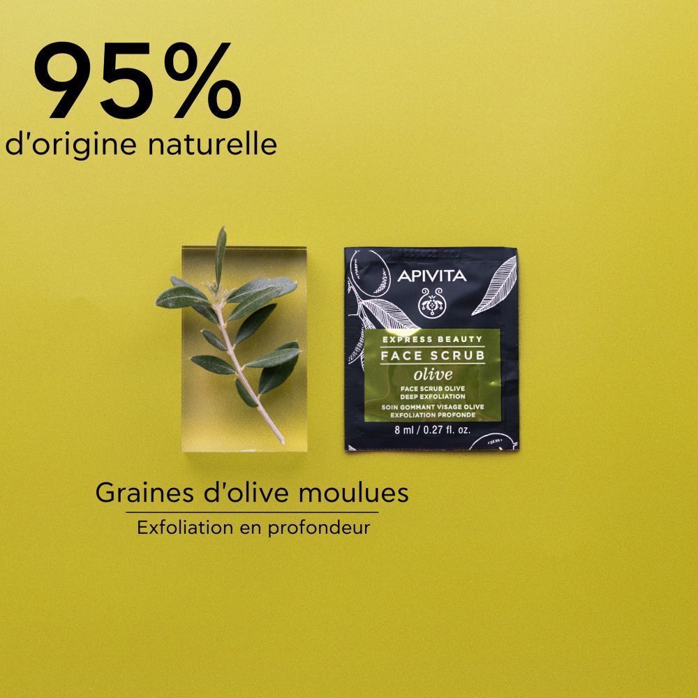Apivita Express Beauty Gommage Visage à l'Olive avec noyaux d'olive broyés.
