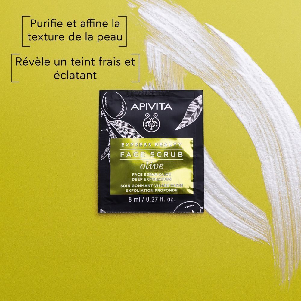 Un paquet de gommage visage Apivita Express Beauty à l'olive, 8 ml.