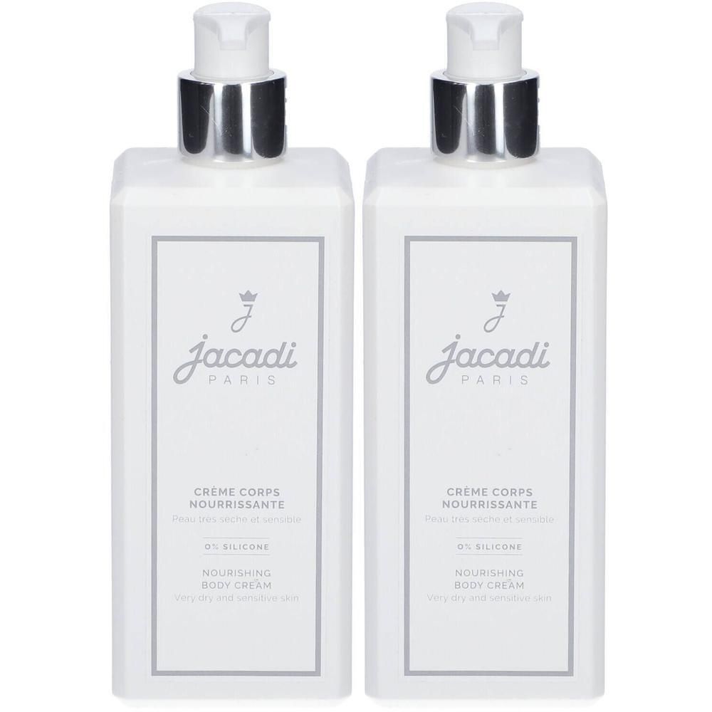 Deux flacons blancs de Crème Corps Nourrissante Jacadi avec pompes.