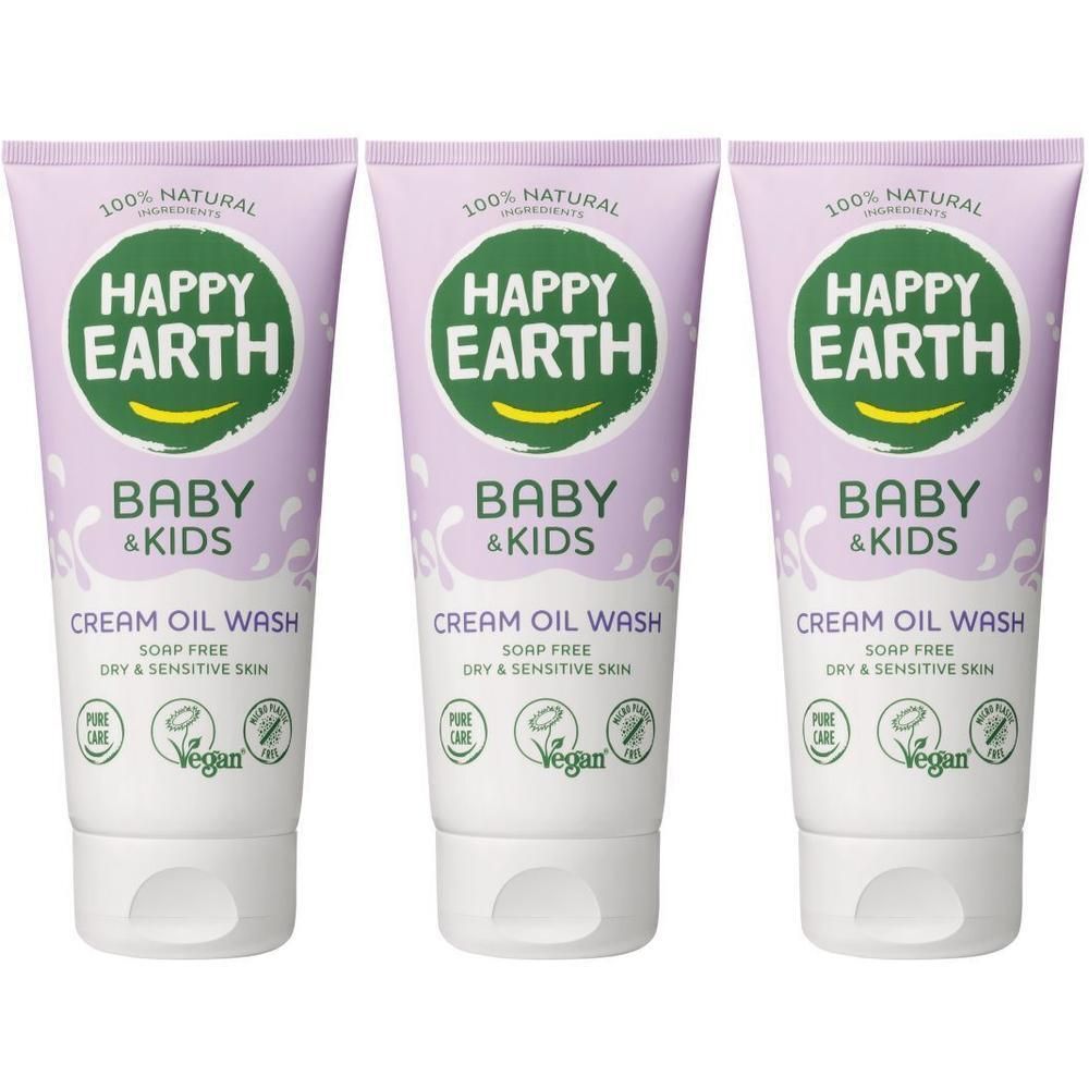 Trois tubes de HAPPY EARTH Baby & Kids Cream Oil Wash, 100% ingrédients naturels, sans savon.