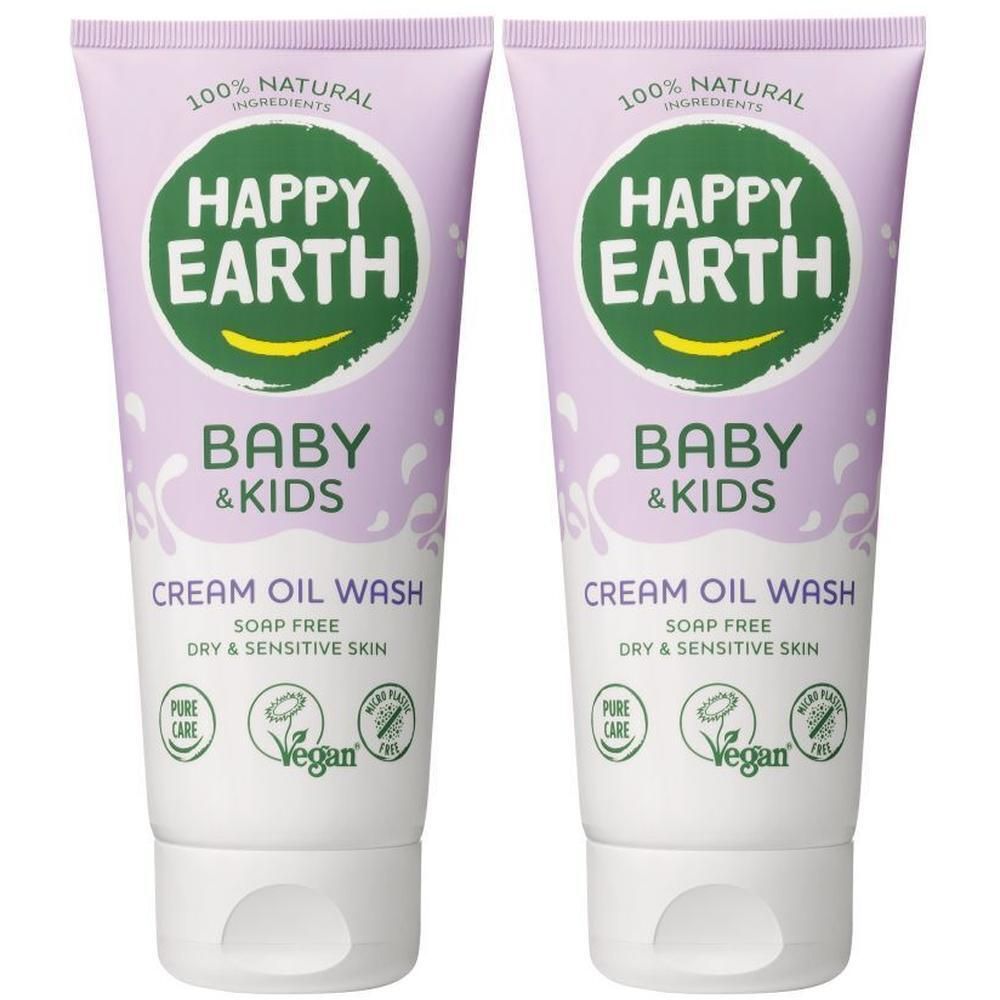 Deux tubes de HAPPY EARTH Baby & Kids Cream Oil Wash, ingrédients 100% naturels, sans savon, pour peaux sèches et sensibles.