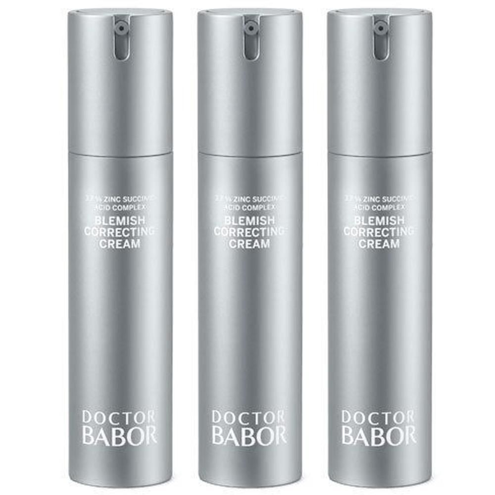 Drie zilverkleurige dispensers met Blemish Correcting Cream van Doctor Babor.