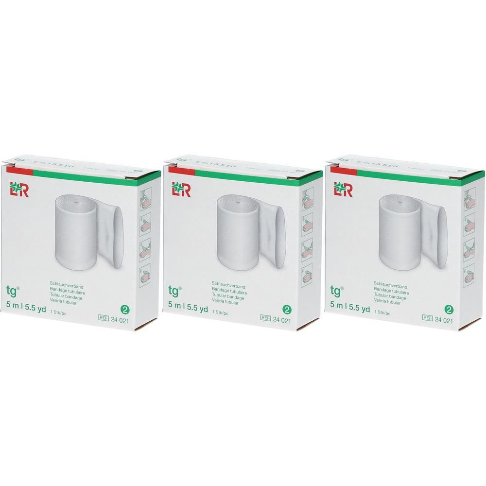Drie verpakkingen TG Buisslangverband 5m x 5.5yd. Wit verband op rol in kartonnen verpakking.