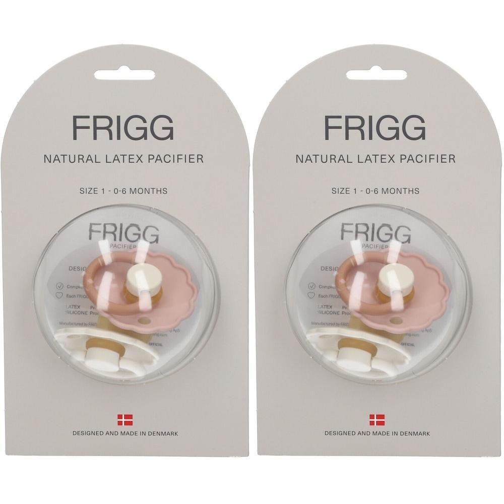 Deux sucettes FRIGG, taille 1 (0-6 mois), en latex naturel, couleur rose.