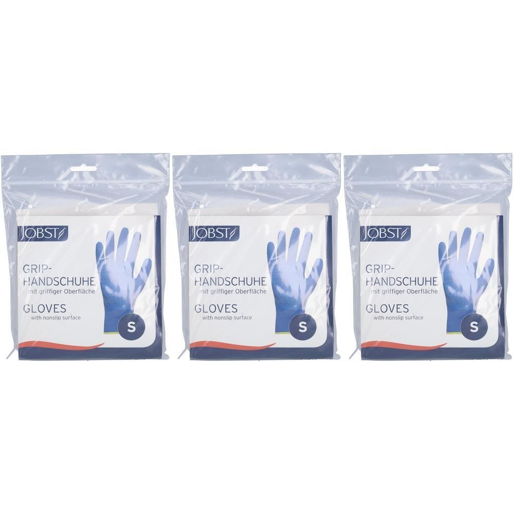 Drie paar JOBST Grip handschoenen maat S, met grip-oppervlak, in individuele verpakkingen.