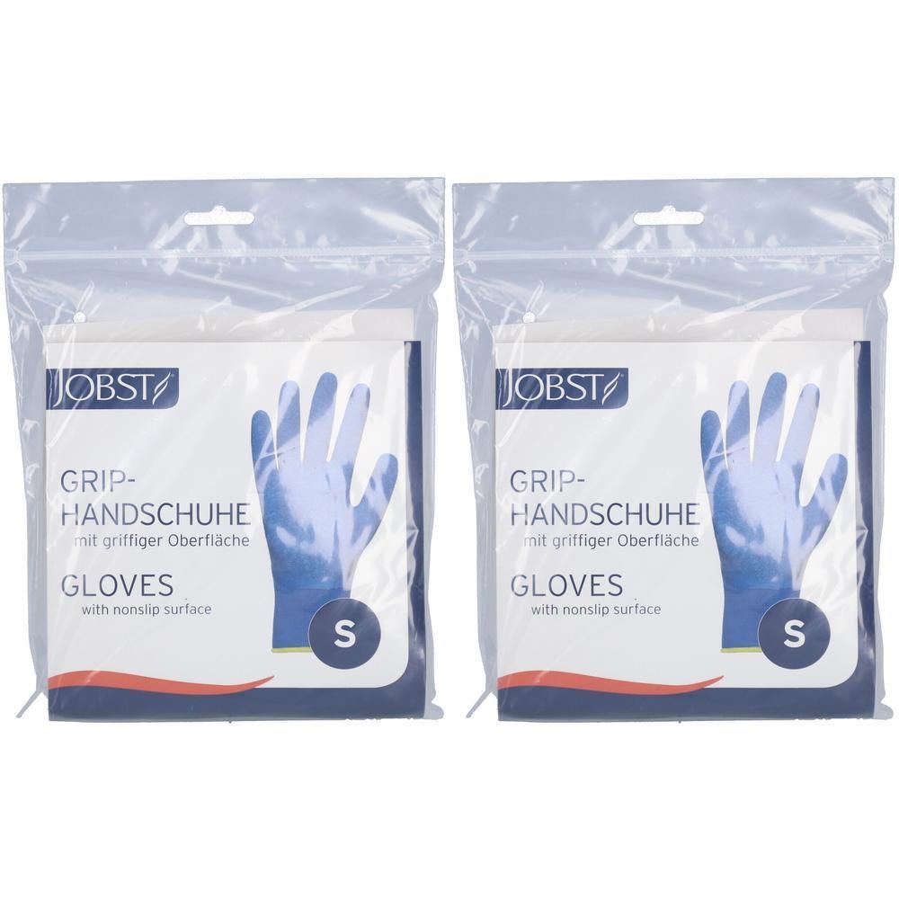 Deux paires de gants JOBST Grip, taille S, surface antidérapante, bleus.