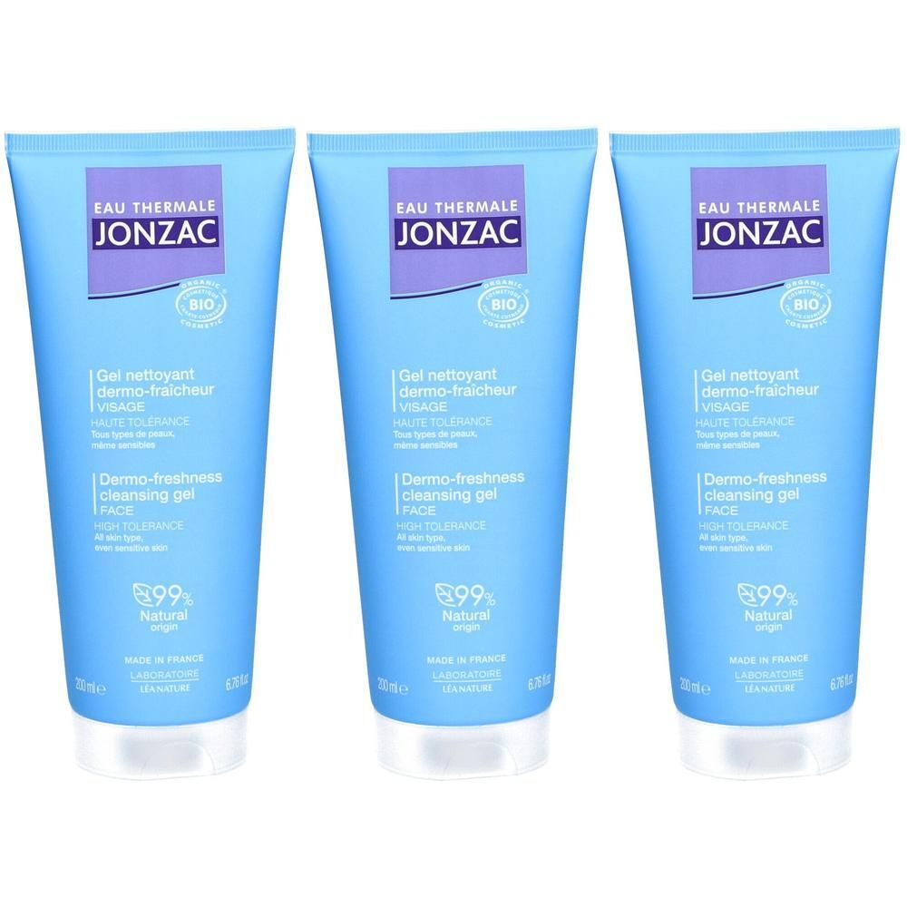 Drie lichtblauwe tubes Jonzac Eau Thermale Dermo-Freshness reinigingsgel.
