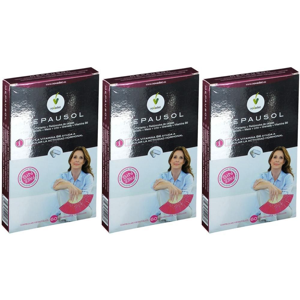 Trois paquets de Mepausol avec l'image d'une femme et des informations sur la vitamine B6.