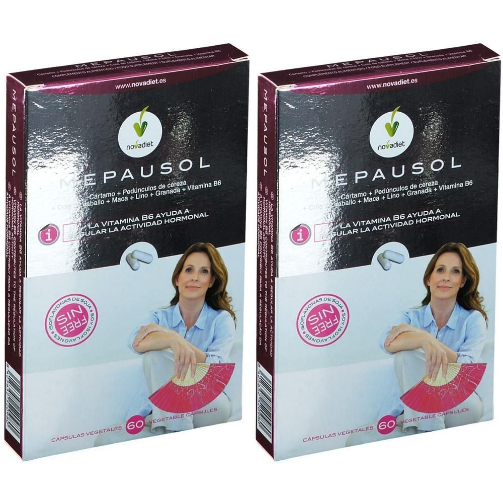 Twee verpakkingen Mepausol, elk 60 plantaardige capsules. Bevat vitamine B6 voor regulering van hormonale activiteit.