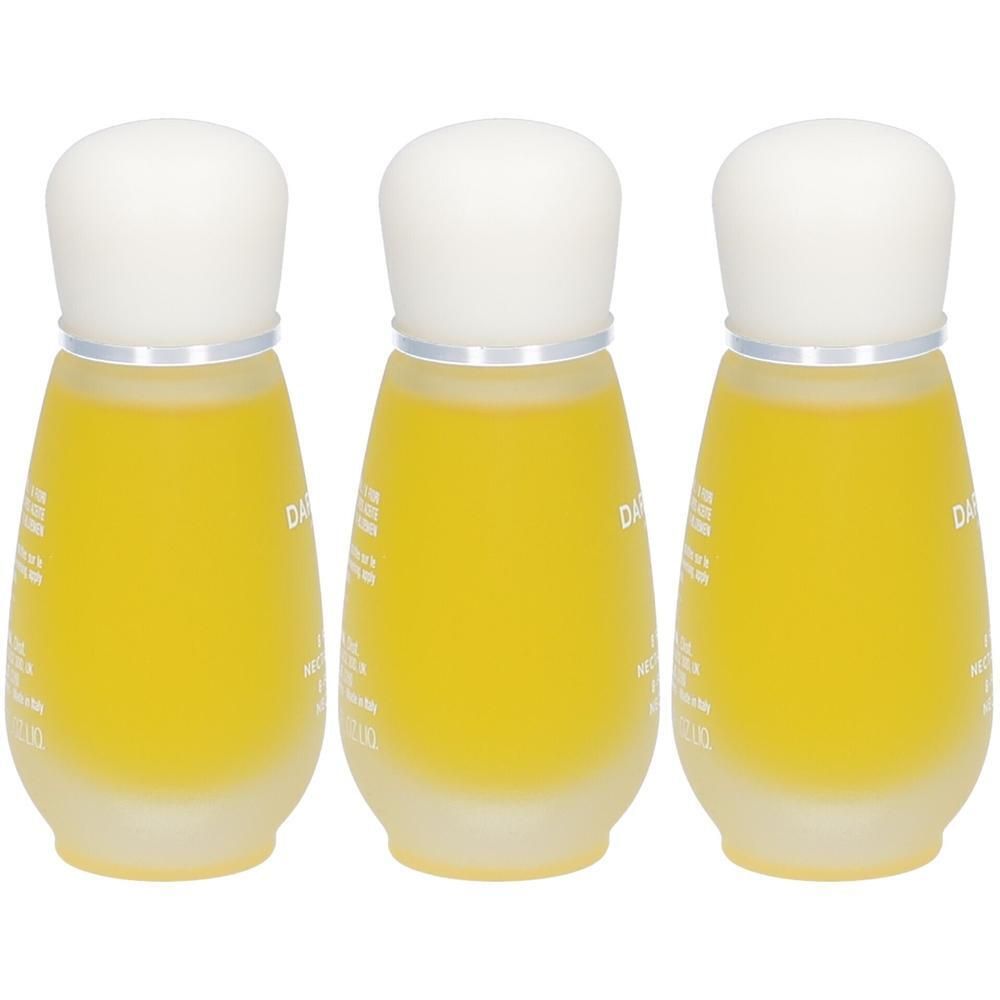 Trois flacons d'huile jaune avec bouchons blancs, sur fond blanc.
