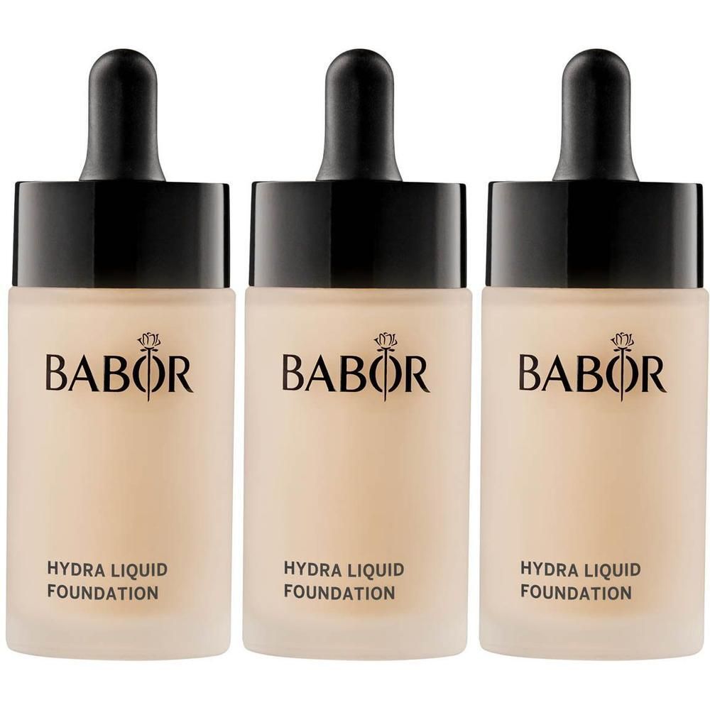 Trois flacons Babor Hydra Liquid Foundation avec compte-gouttes.