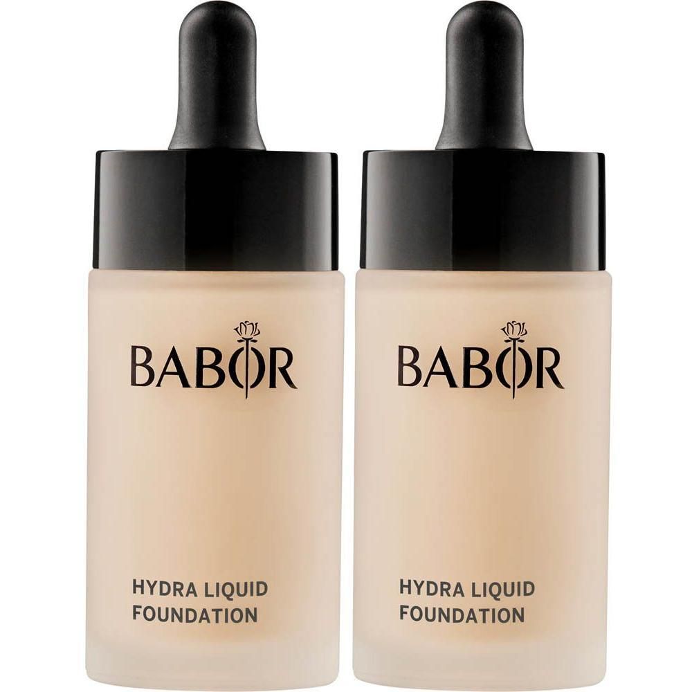 Twee Babor Hydra Liquid Foundation flacons met druppeldop.