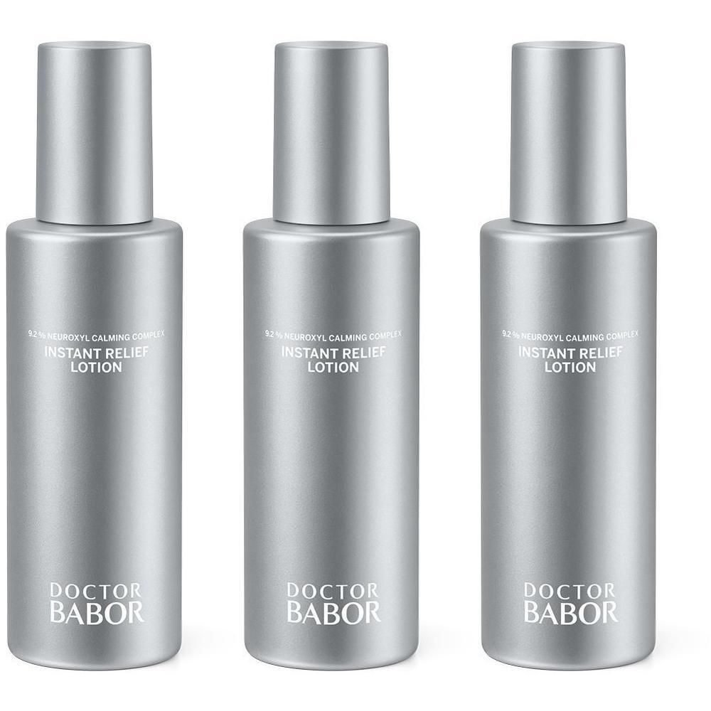 Drie zilverkleurige flacons met Doctor Babor Instant Relief Lotion.