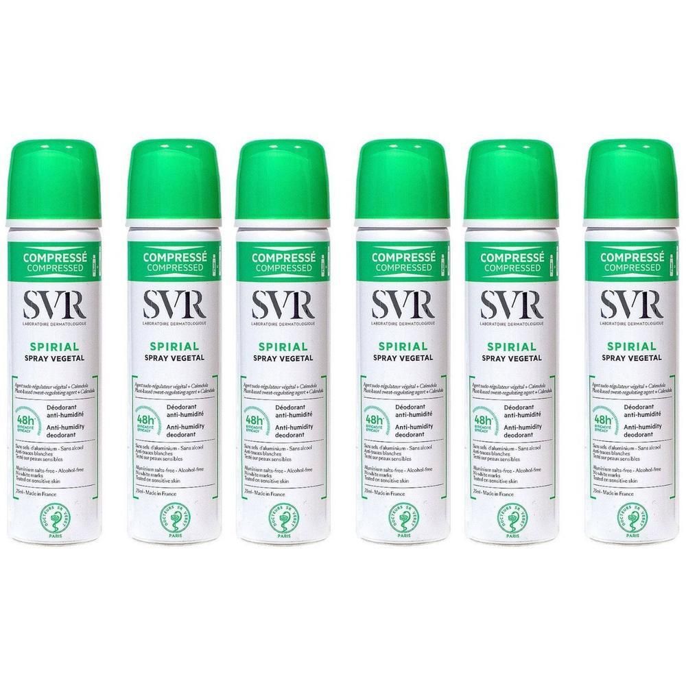 Six vaporisateurs SVR Spirial Spray Végétal déodorants avec capuchons verts.