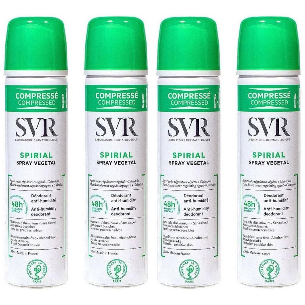 Quatre vaporisateurs SVR Spirial Spray Végétal avec bouchons verts.