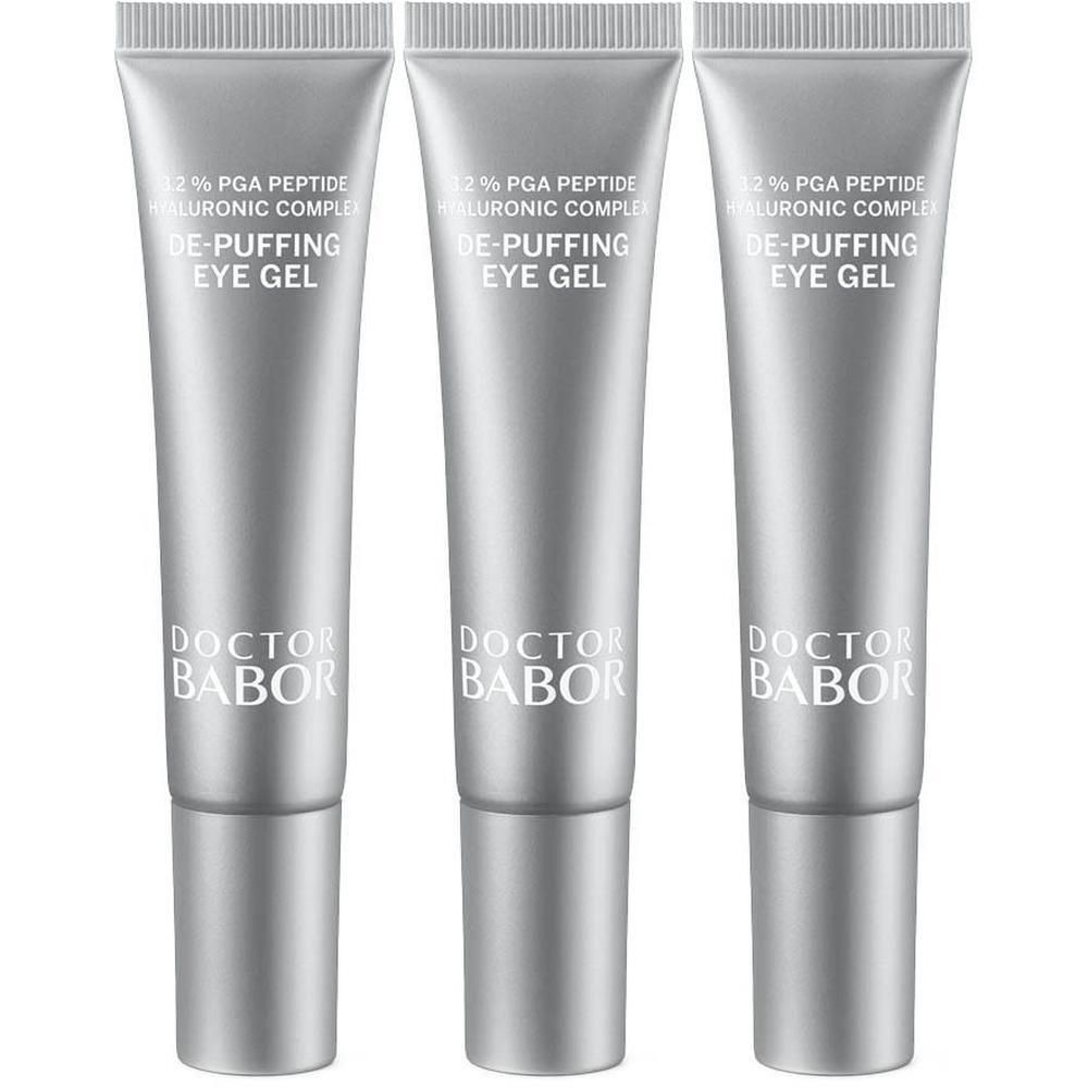 Trois tubes argentés de Babor De-Puffing Eye Gel avec bouchon à vis.