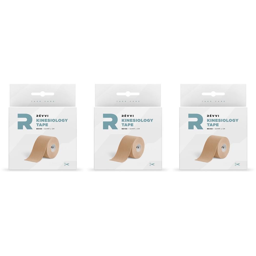 Drie pakken RÉVVI Kinesiologie Tape in beige, rechtopstaand.