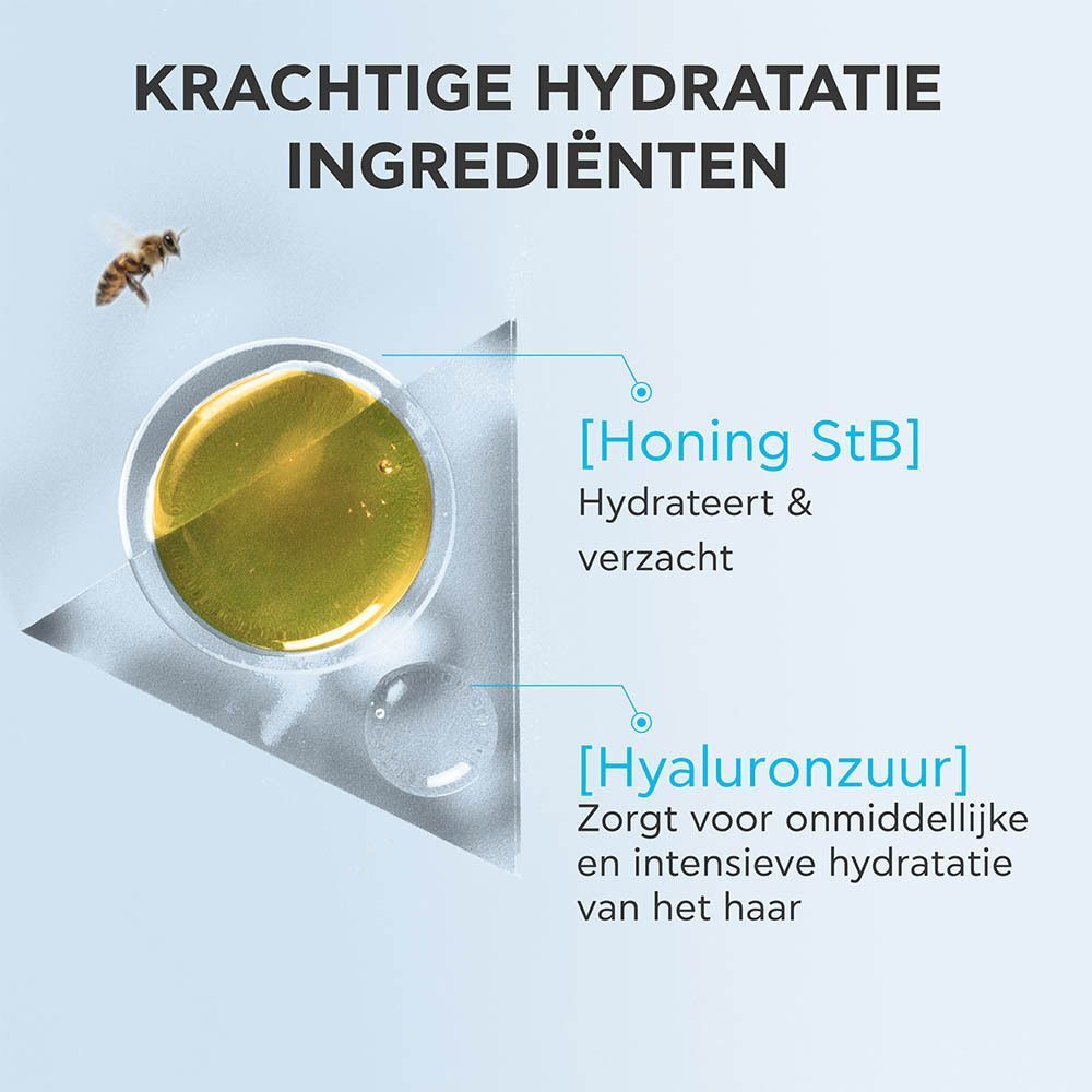 Close-up van honing en hyaluronzuur, ingrediënten van Apivita Hyaluronic Hydra shampoo.
