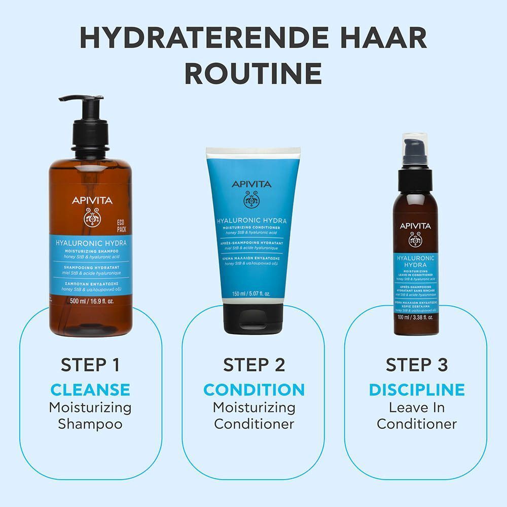 Apivita Hyaluronic Hydra shampoo, conditioner en leave-in conditioner in een haarverzorgingsroutine.