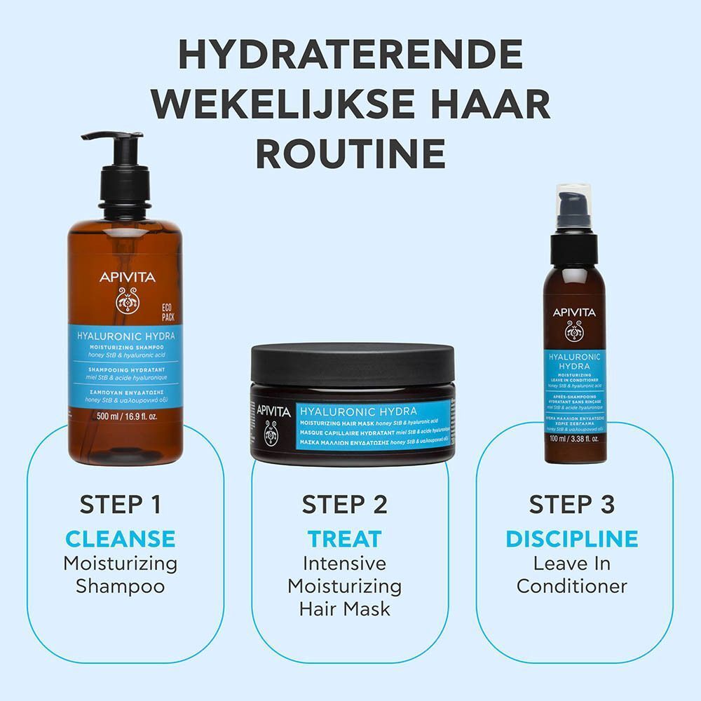 Apivita Hyaluronic Hydra shampoo, masker en leave-in conditioner in een wekelijkse haarroutine.
