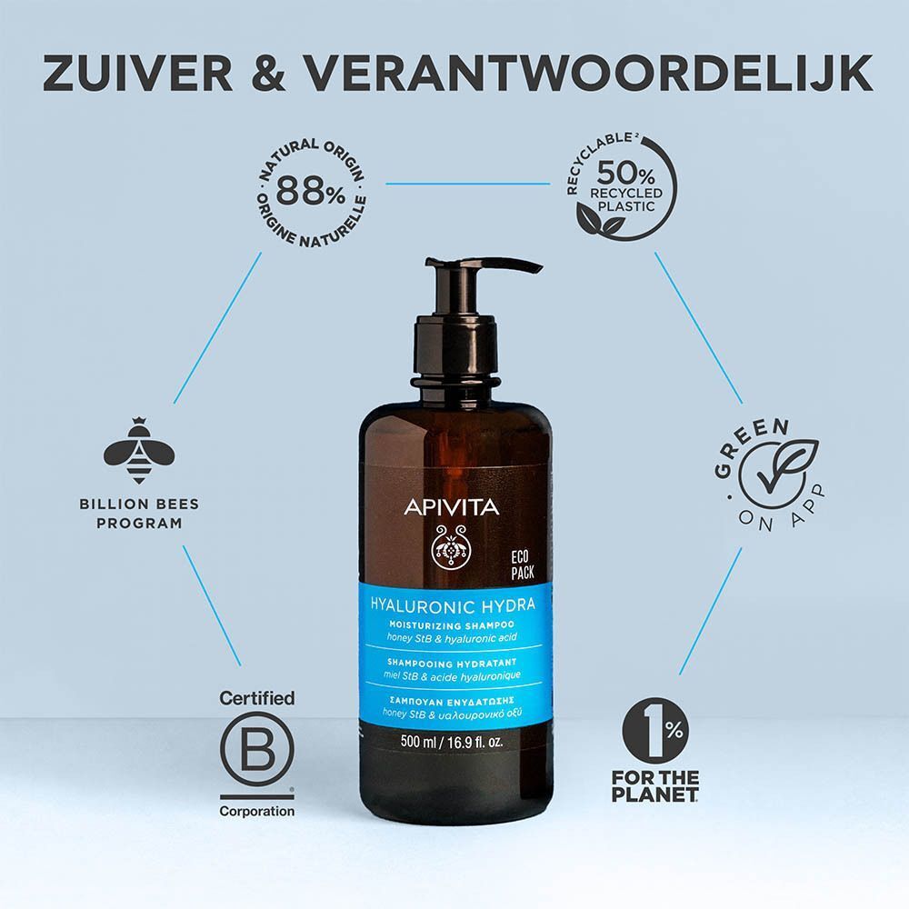 Apivita Hyaluronic Hydra shampoo met milieu-certificeringen zoals 'Billion Bees Program' en '1% for the Planet'.