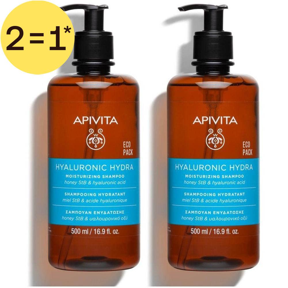 Deux flacons pompe bruns de shampoing hydratant Apivita Hyaluronic Hydra. 500 ml / 16,9 fl. oz.