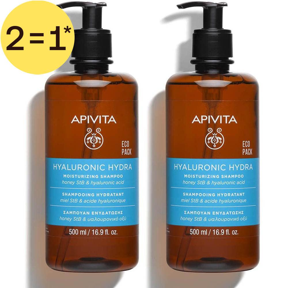Twee bruine pompflesjes met Apivita Hyaluronic Hydra hydraterende shampoo. 500 ml / 16,9 fl. oz.