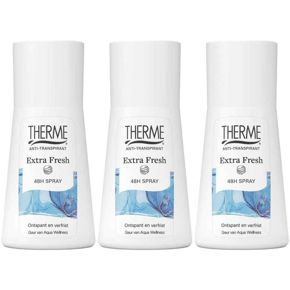 Trois flacons blancs de déodorant Therme Extra Fresh avec étiquette bleue.