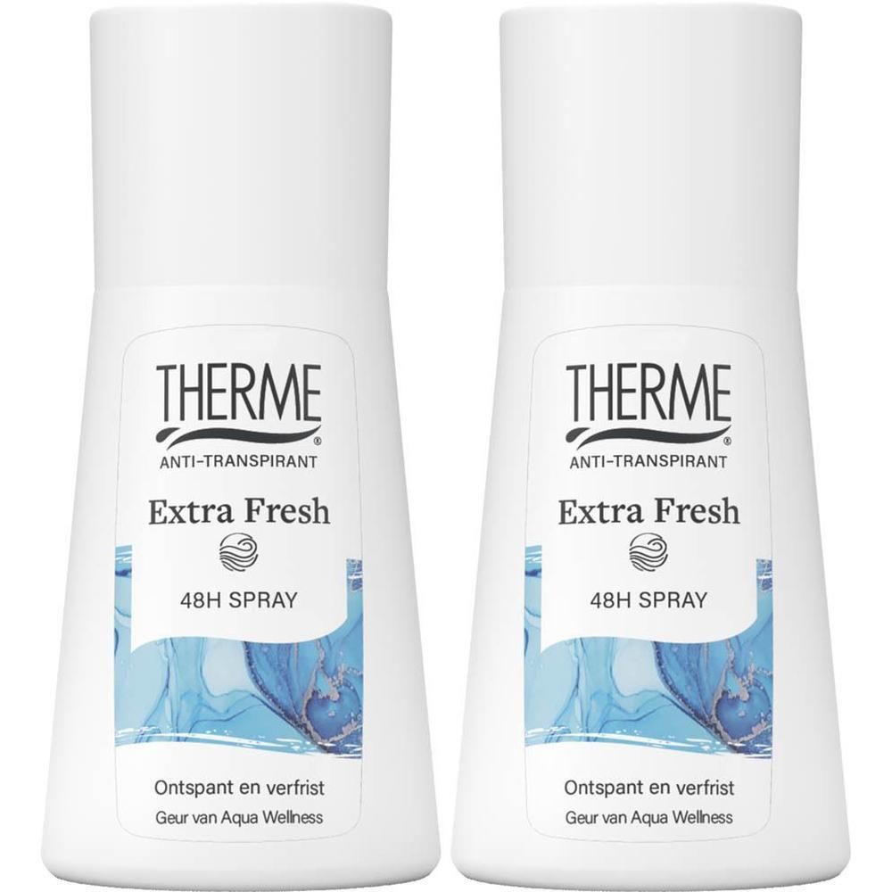 Deux flacons blancs de spray déodorant Therme Extra Fresh 48H côte à côte.