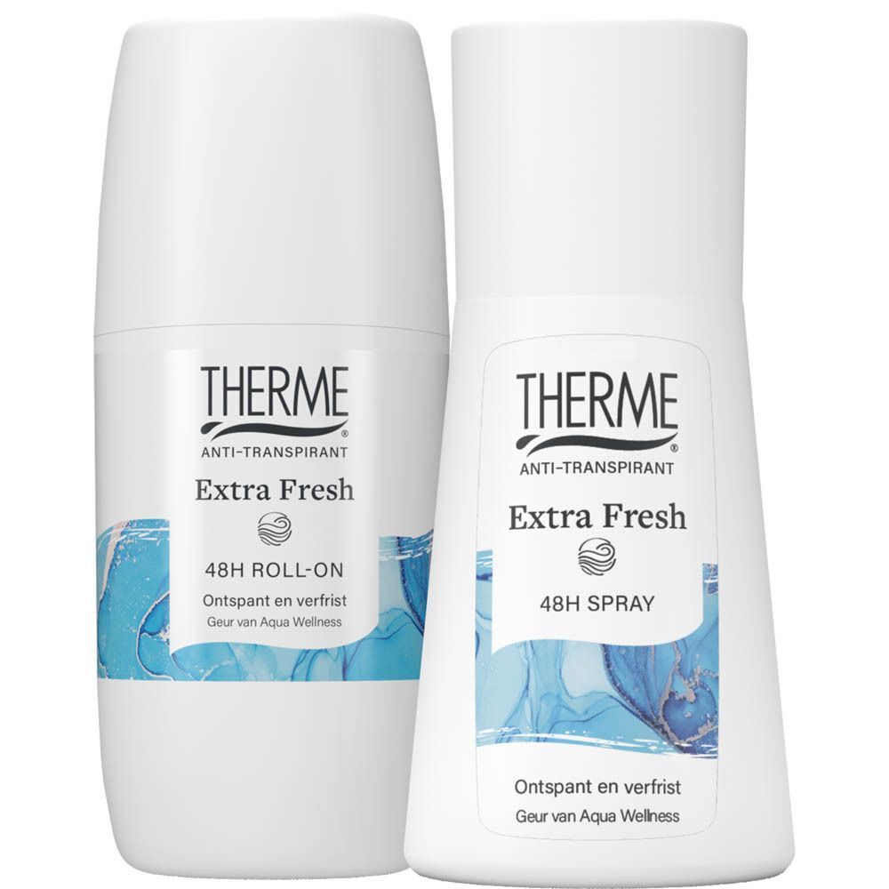 Flacons de déodorant spray et roll-on Therme Extra Fresh 48H côte à côte.