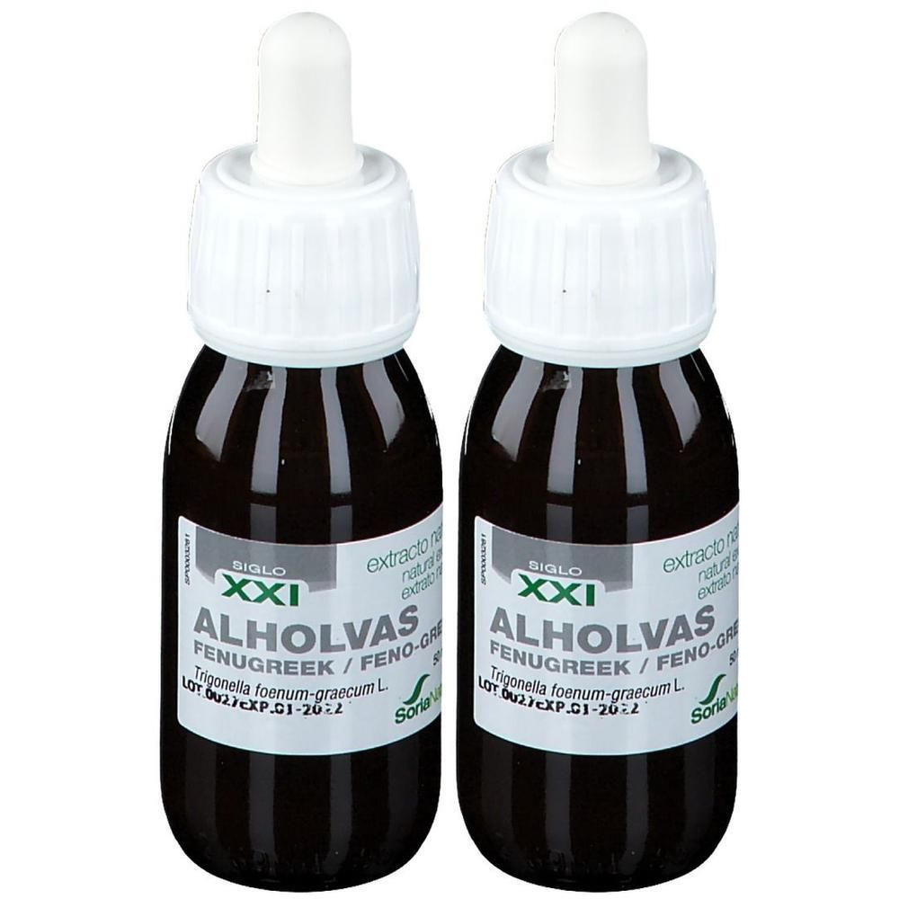 Deux flacons compte-gouttes foncés avec bouchon blanc et pipette. Étiquette 'ALHOLVAS FENUGREEK / FENO-GR'.