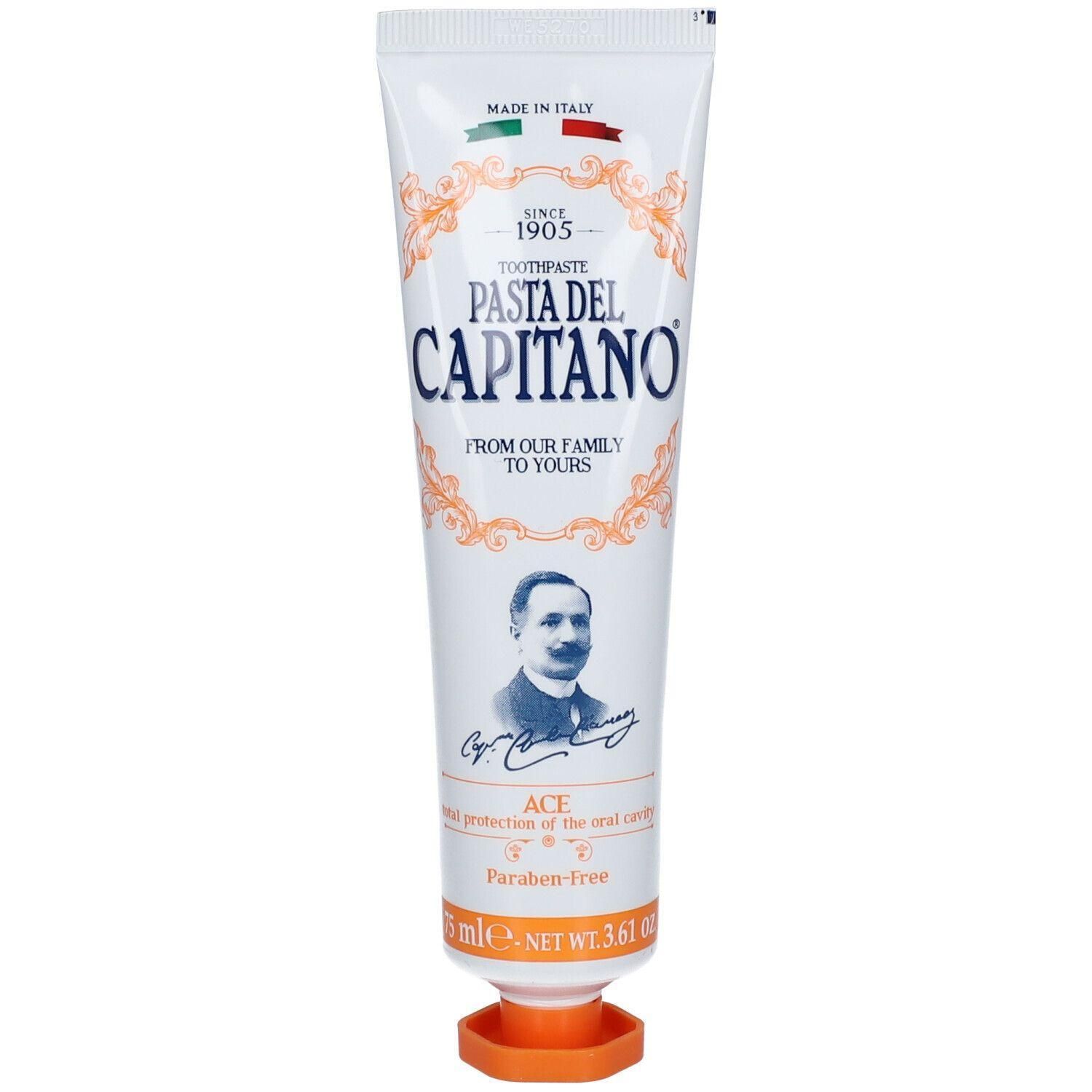 Pasta del Capitano tandpastabuis met logo en portret. "ACE" en "Parabenenvrij" zijn zichtbaar.