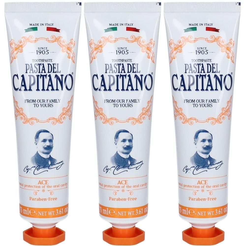 Drie tubes Pasta del Capitano tandpasta met ACE-bescherming en parabeenvrij.