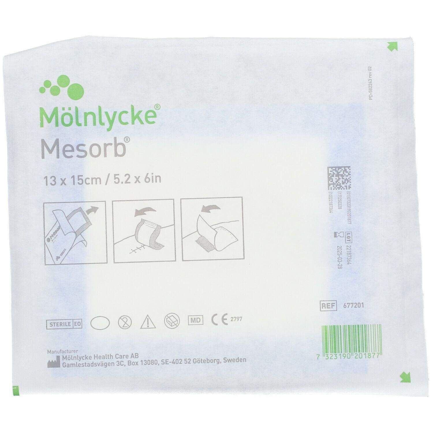 Mölnlycke Mesorb steriele kompres, 13x15cm. Bevat gebruiksinstructies.