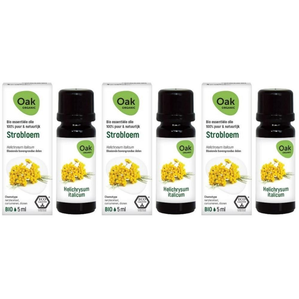 Oak Organic Strobloem etherische olie, 5ml flesjes. Toont gele bloemen en het Bio-keurmerk.