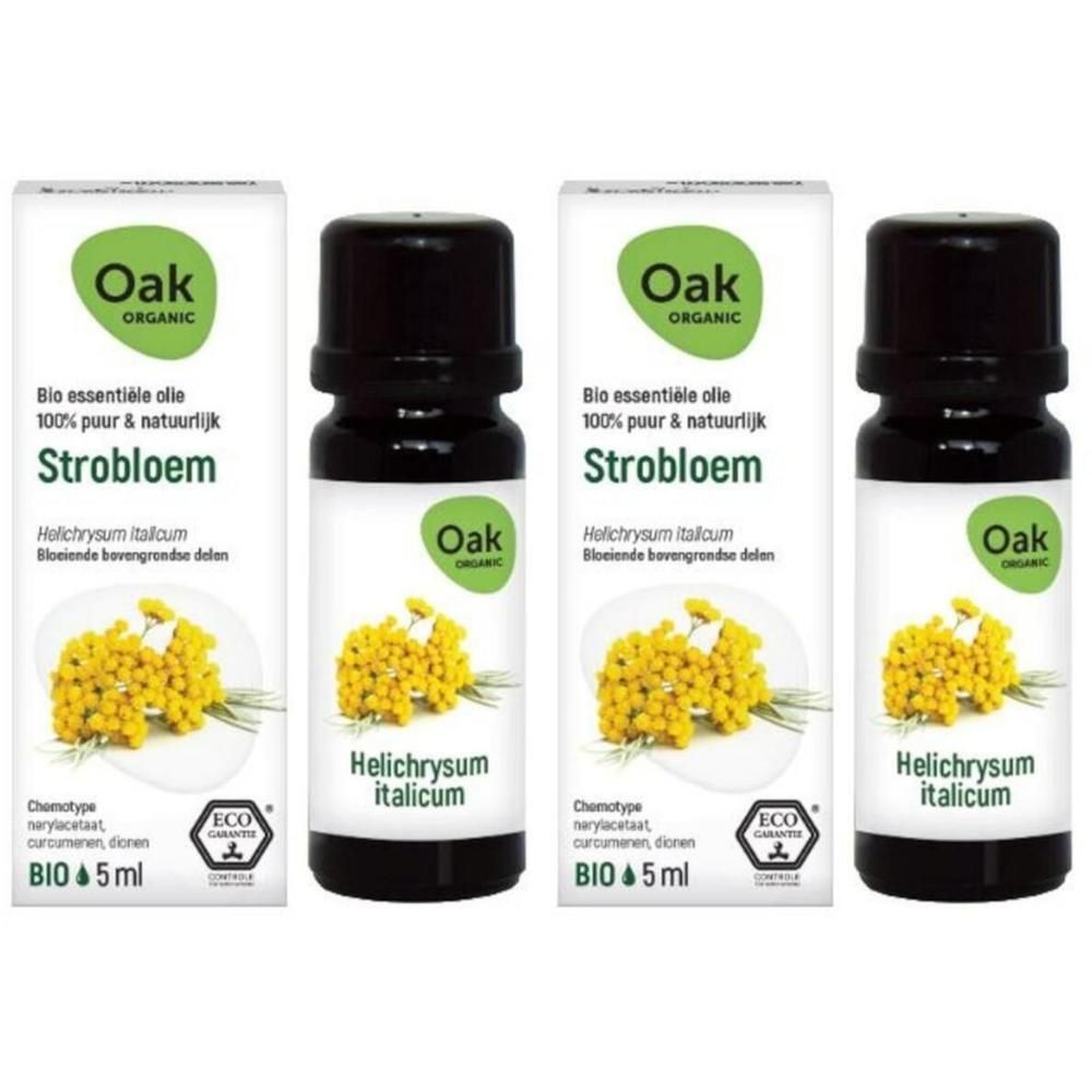 Huile essentielle Bio Immortelle Oak, flacon 5ml avec boîte, présente des fleurs jaunes.