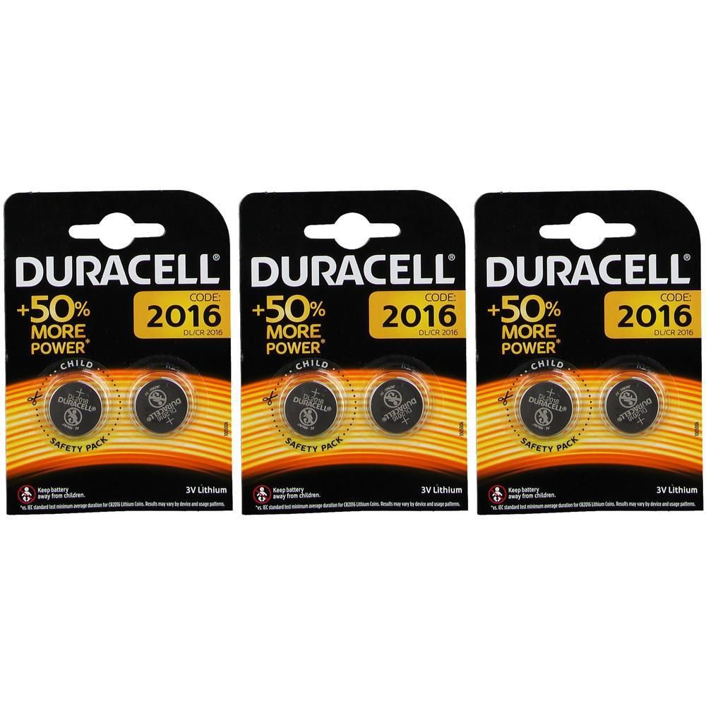 Drie Duracell 2016 lithium knoopcelbatterijen, elk in een blisterverpakking van twee. +50% meer vermogen.