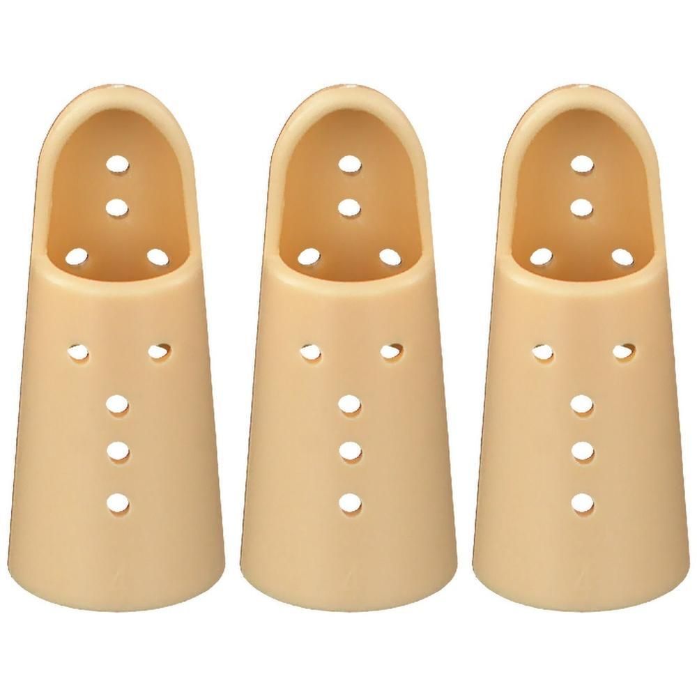 Drie beige vingerbraces van kunststof met ventilatiegaten.