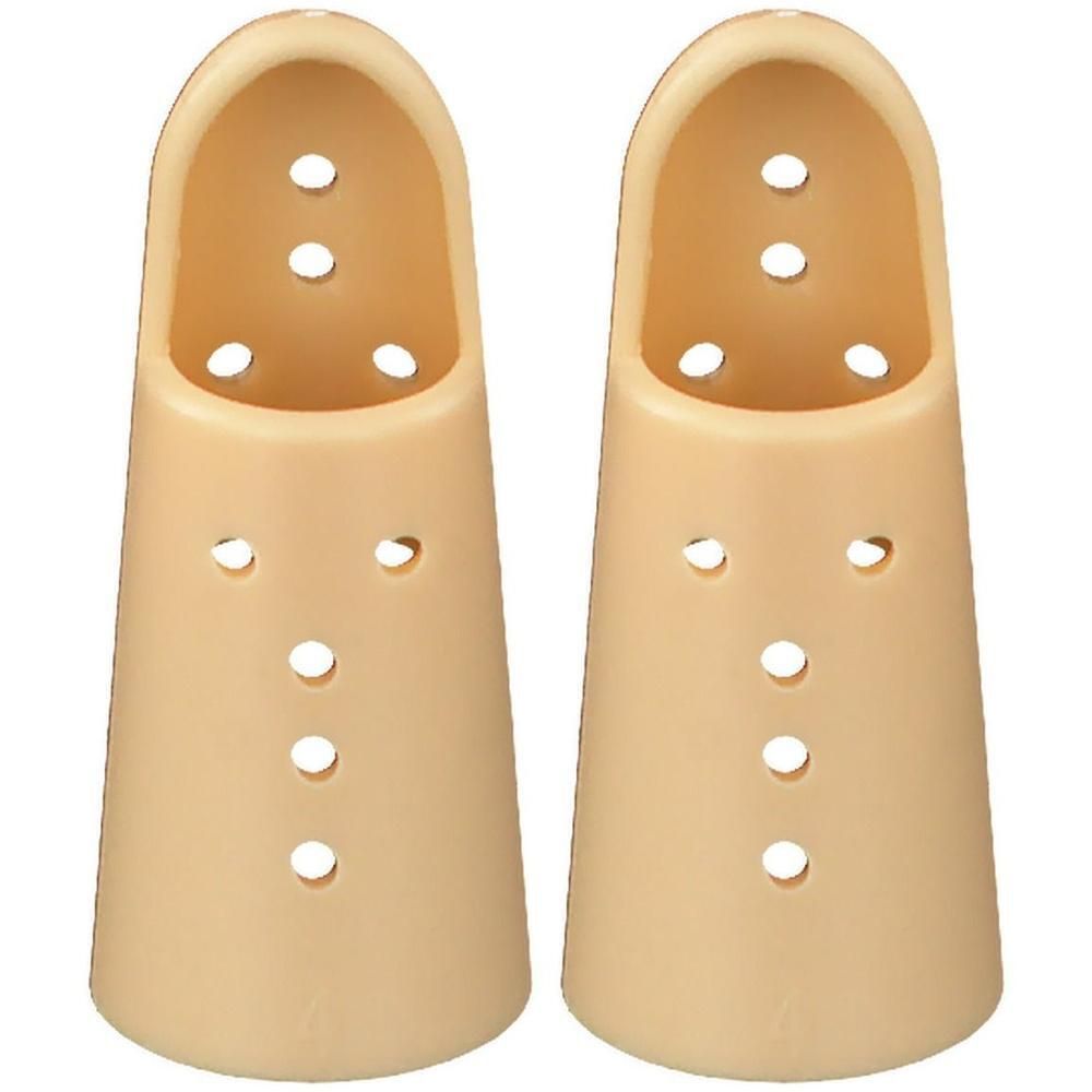 Twee beige vingerorthesen van kunststof met ventilatiegaten.