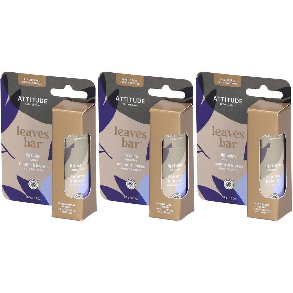 Trois paquets de baume à lèvres Attitude™ saveur noix de coco.