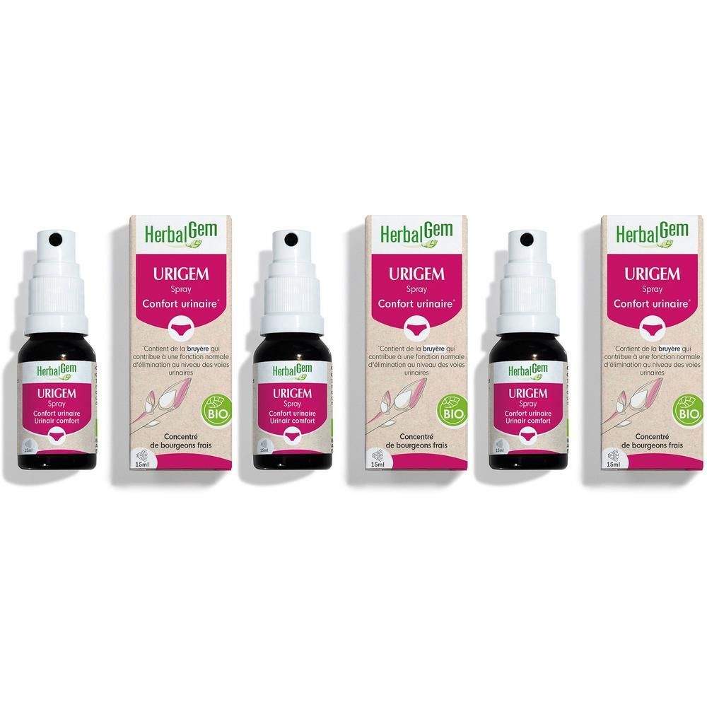 Cinq flacons de spray Urigem HerbalGem avec tête de pulvérisation et boîte. L'emballage indique "BIO" et "URIGEM Spray".