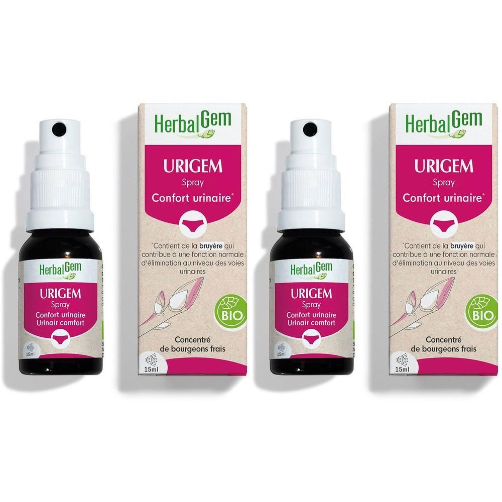 Deux flacons et deux boîtes de spray HerbalGem Urigem pour le confort urinaire.
