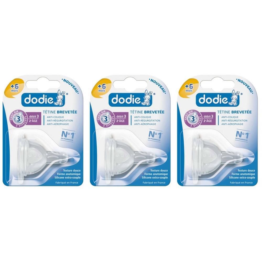 Drie Dodie® Tétine Initiation+ Anti-Koliek spenen, vanaf 6 maanden, in blisterverpakking.
