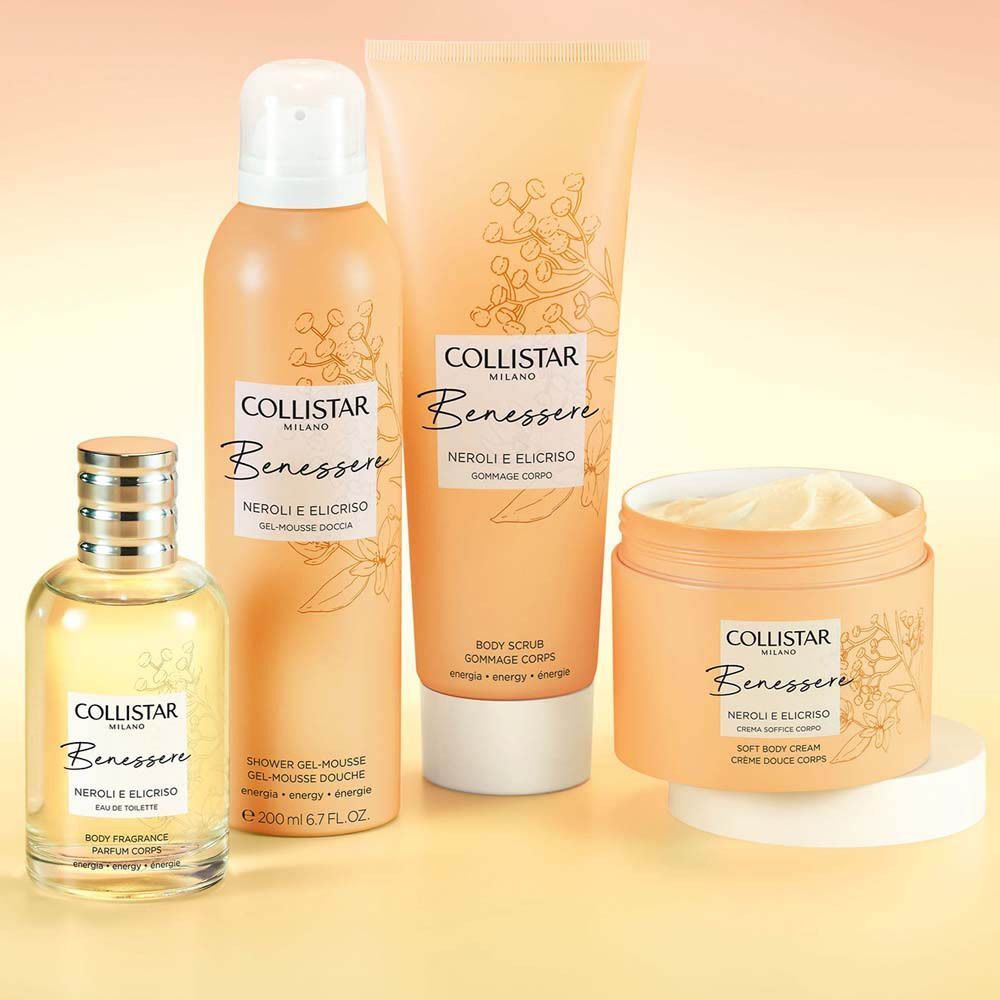 Collistar Benessere Neroli e Elicriso douchegel, body scrub, body cream en body fragrance.