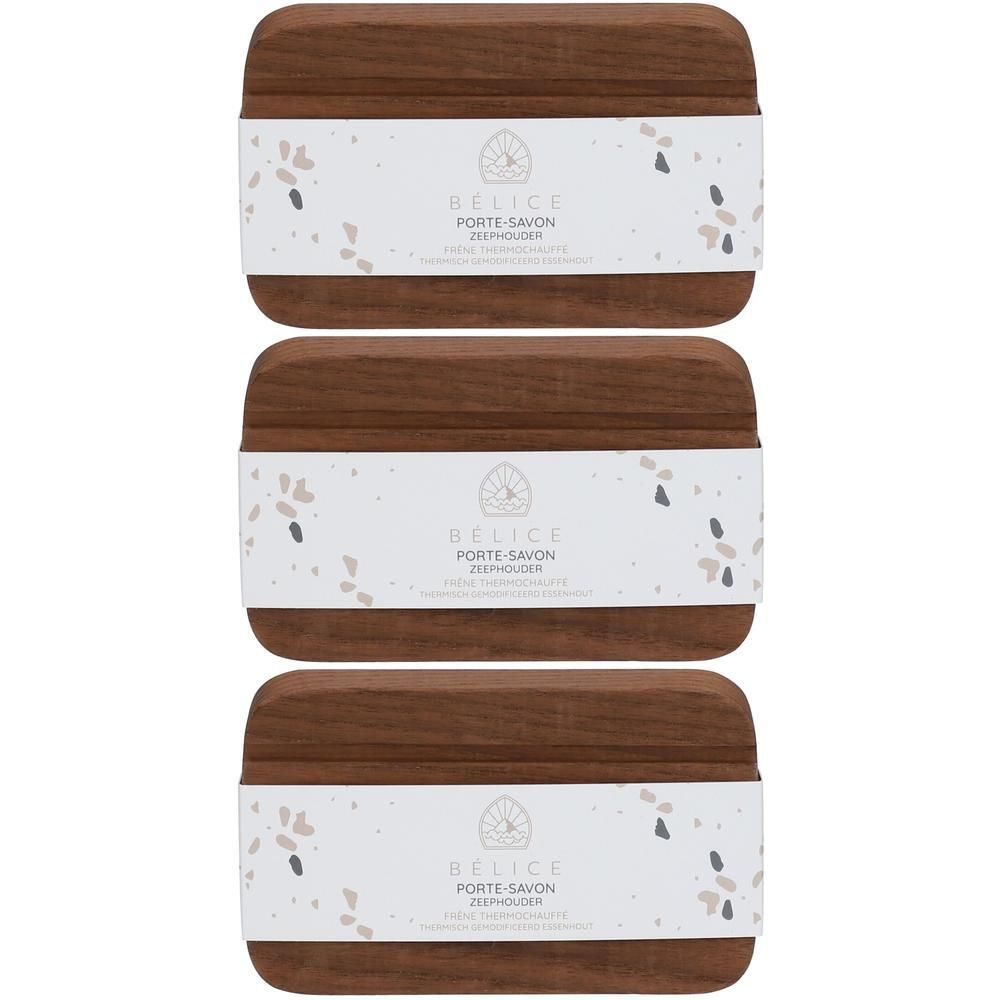 Drie houten zeepbakjes met een wit etiket met 'Bélice Porte-Savon'.
