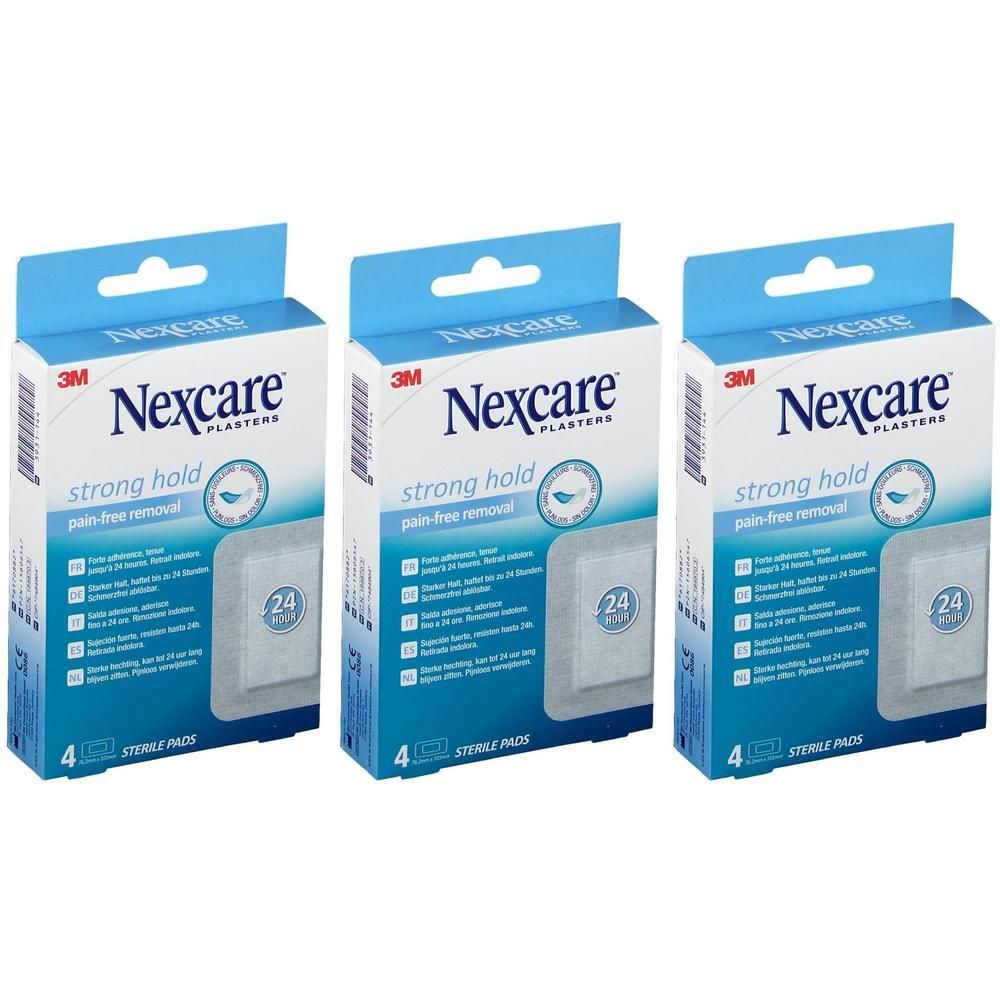 Drie pakken Nexcare Strong Hold pleisters, 4 steriele pads per pak.