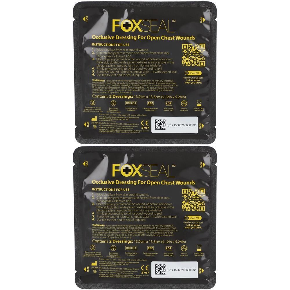 Deux pansements occlusifs Foxseal pour plaies ouvertes de la poitrine, 13,0cm x 13,0cm chacun.